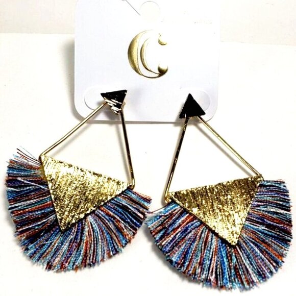 Boho Multicolor Fan Earrings w/ Gold tone Triangle Post Statement Women Jewelry - Picture 4 of 10